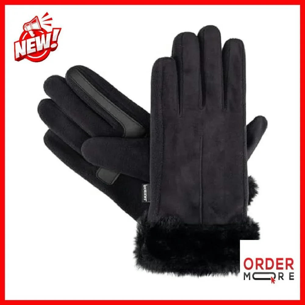 Water Repellent Touchscreen Gloves Faux Fur Cuff Fleece Lined Stretch Fit